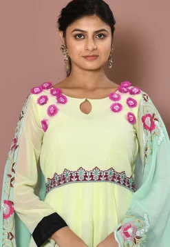 Embroidered Georgette Abaya Style Suit in Light Yellow