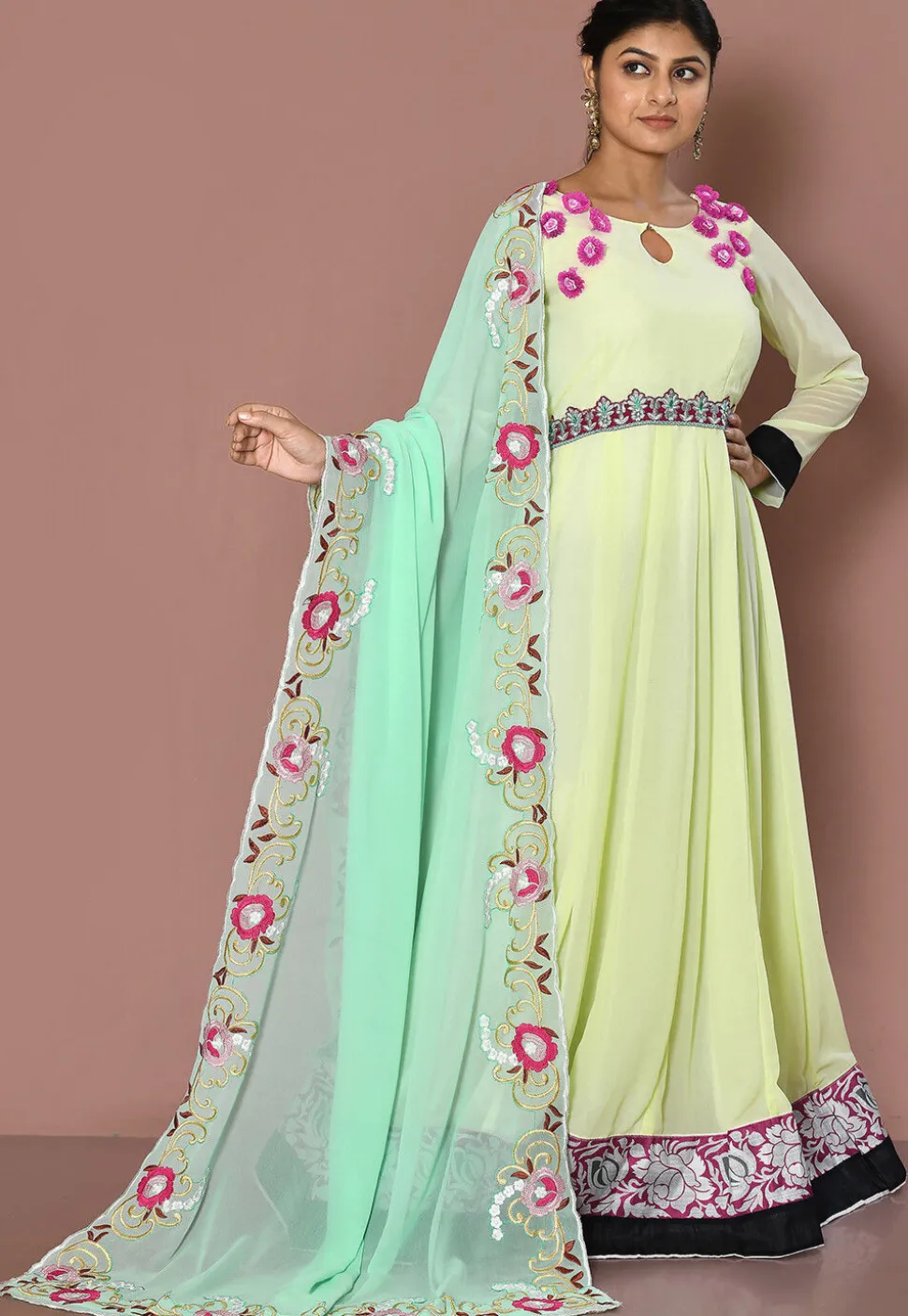 Embroidered Georgette Abaya Style Suit in Light Yellow