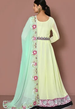 Embroidered Georgette Abaya Style Suit in Light Yellow