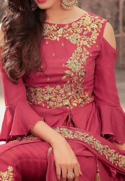 Embroidered Georgette Abaya Style Suit in Old Rose