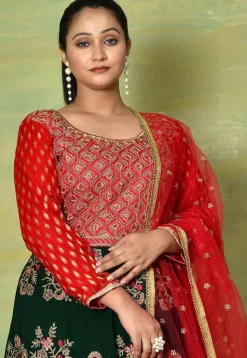 Embroidered Georgette Abaya Style Suit in Dark Green and Red