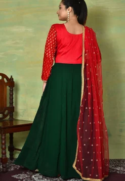 Embroidered Georgette Abaya Style Suit in Dark Green and Red