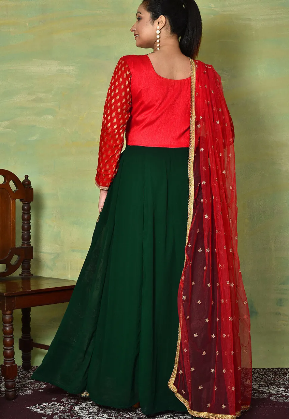 Embroidered Georgette Abaya Style Suit in Dark Green and Red