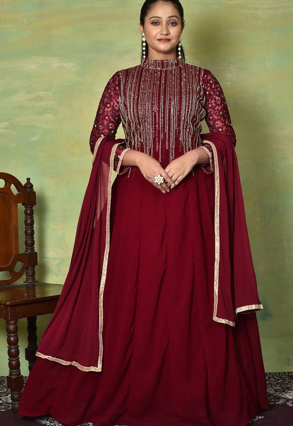 Embroidered Georgette Abaya Style Suit in Maroon