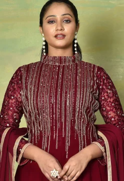 Embroidered Georgette Abaya Style Suit in Maroon