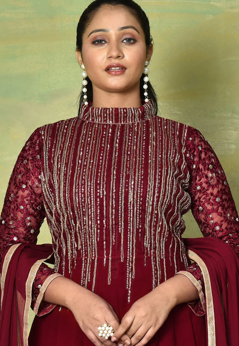 Embroidered Georgette Abaya Style Suit in Maroon