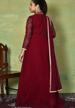 Embroidered Georgette Abaya Style Suit in Maroon