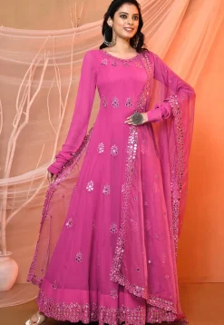 Embroidered Georgette Abaya Style Suit in Pink