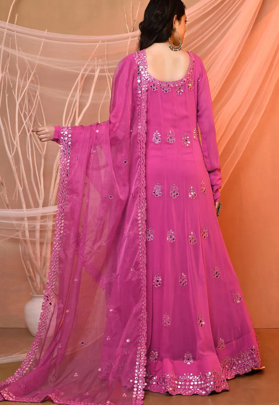 Embroidered Georgette Abaya Style Suit in Pink