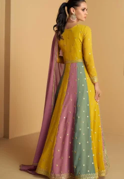 Embroidered Georgette Abaya Style Suit in Mustard and Multicolor