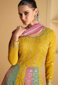 Embroidered Georgette Abaya Style Suit in Mustard and Multicolor
