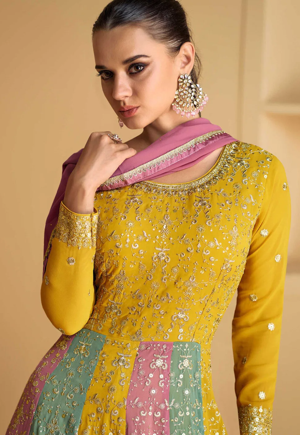 Embroidered Georgette Abaya Style Suit in Mustard and Multicolor