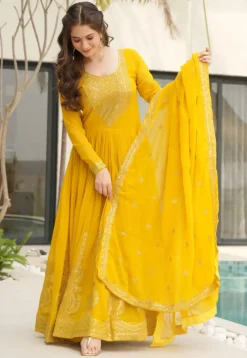 Embroidered Georgette Abaya Style Suit in Yellow