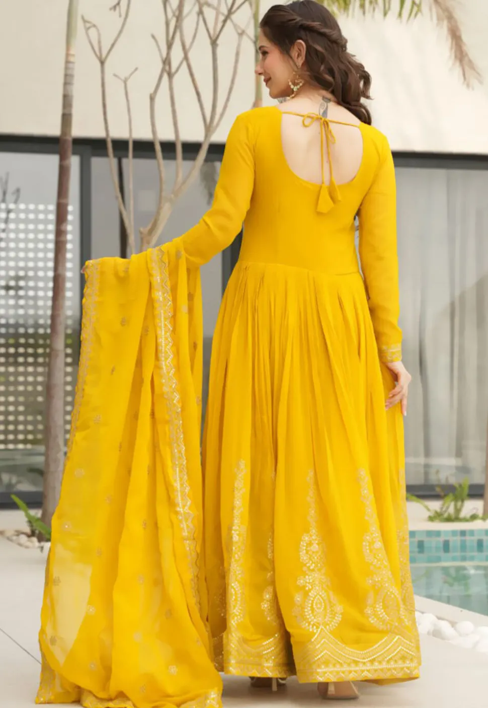 Embroidered Georgette Abaya Style Suit in Yellow