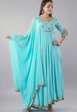 Embroidered Georgette Abaya Style Suit in Sky Blue
