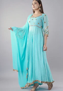 Embroidered Georgette Abaya Style Suit in Sky Blue