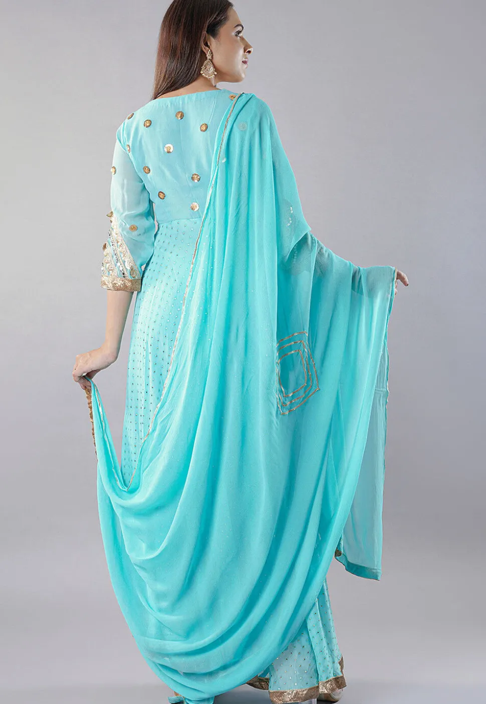 Embroidered Georgette Abaya Style Suit in Sky Blue