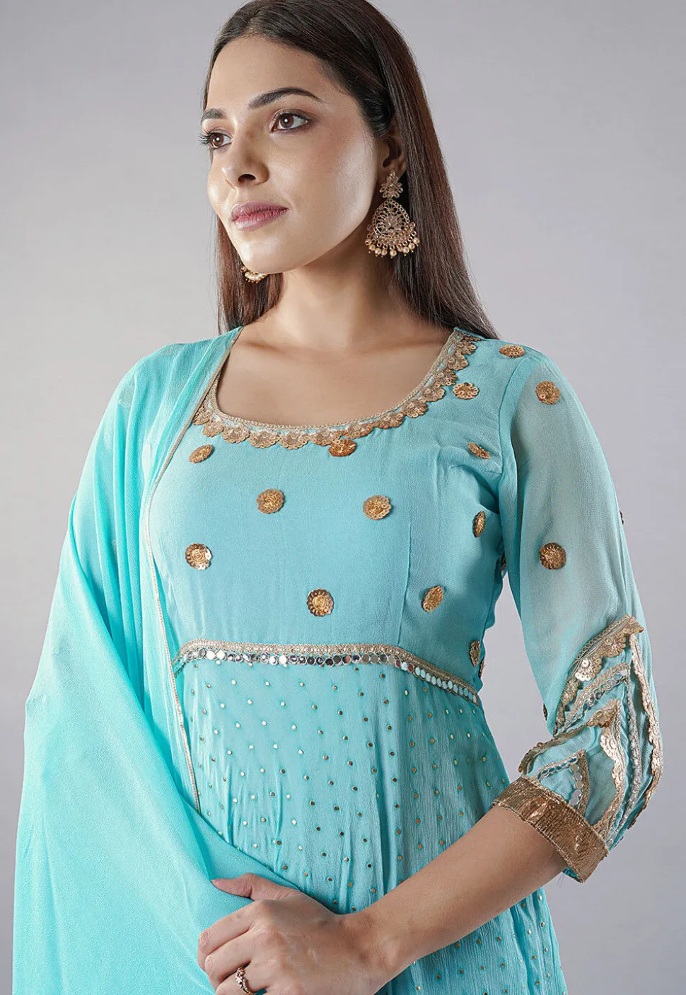 Embroidered Georgette Abaya Style Suit in Sky Blue