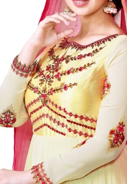 Embroidered Georgette Abaya Style Suit in Shaded Cream and Yellow