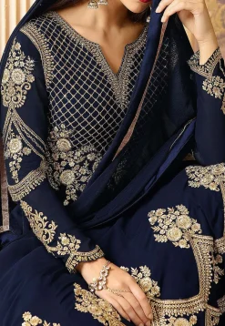 Embroidered Georgette Abaya Style Suit in Navy Blue