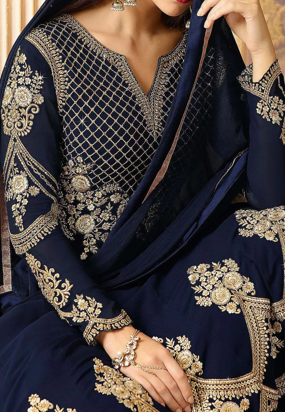 Embroidered Georgette Abaya Style Suit in Navy Blue