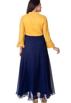 Embroidered Georgette Abaya Style Suit in Blue and Mustard