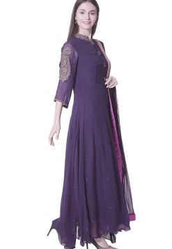 Embroidered Georgette Abaya Style Suit in Violet