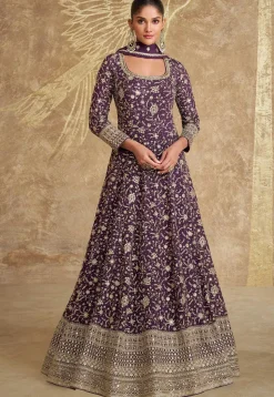 Embroidered Georgette Abaya Style Suit in Dark Purple