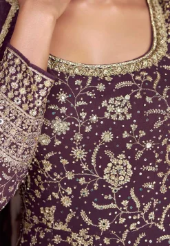 Embroidered Georgette Abaya Style Suit in Dark Purple