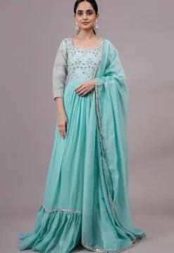 Embroidered Georgette Abaya Style Suit in Blue