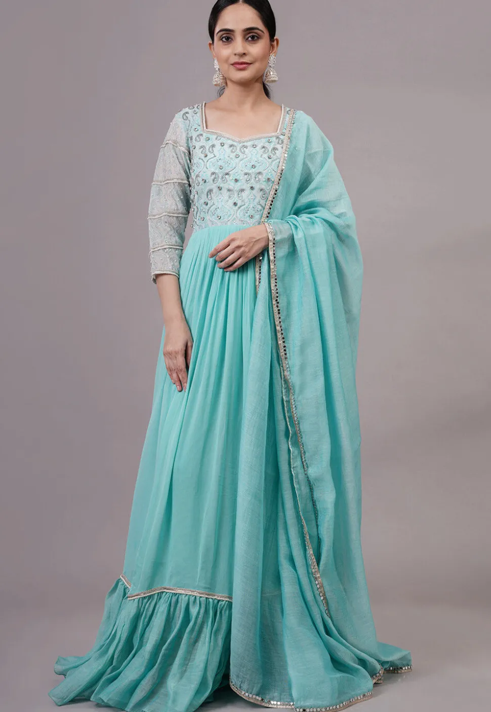 Embroidered Georgette Abaya Style Suit in Blue