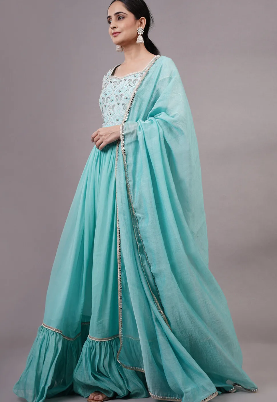 Embroidered Georgette Abaya Style Suit in Blue