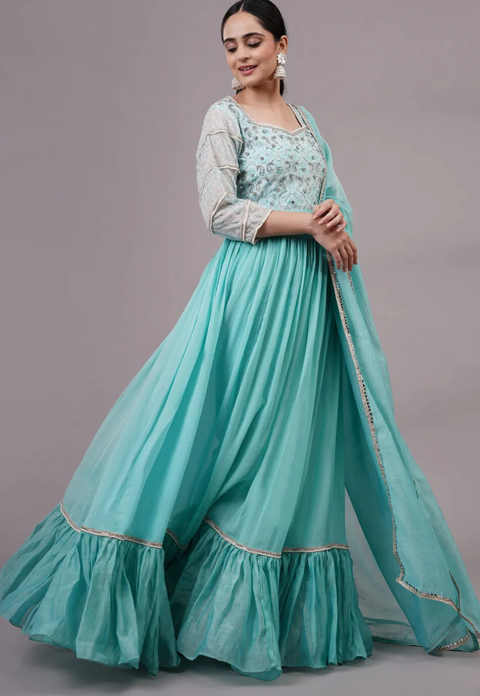 Embroidered Georgette Abaya Style Suit in Blue