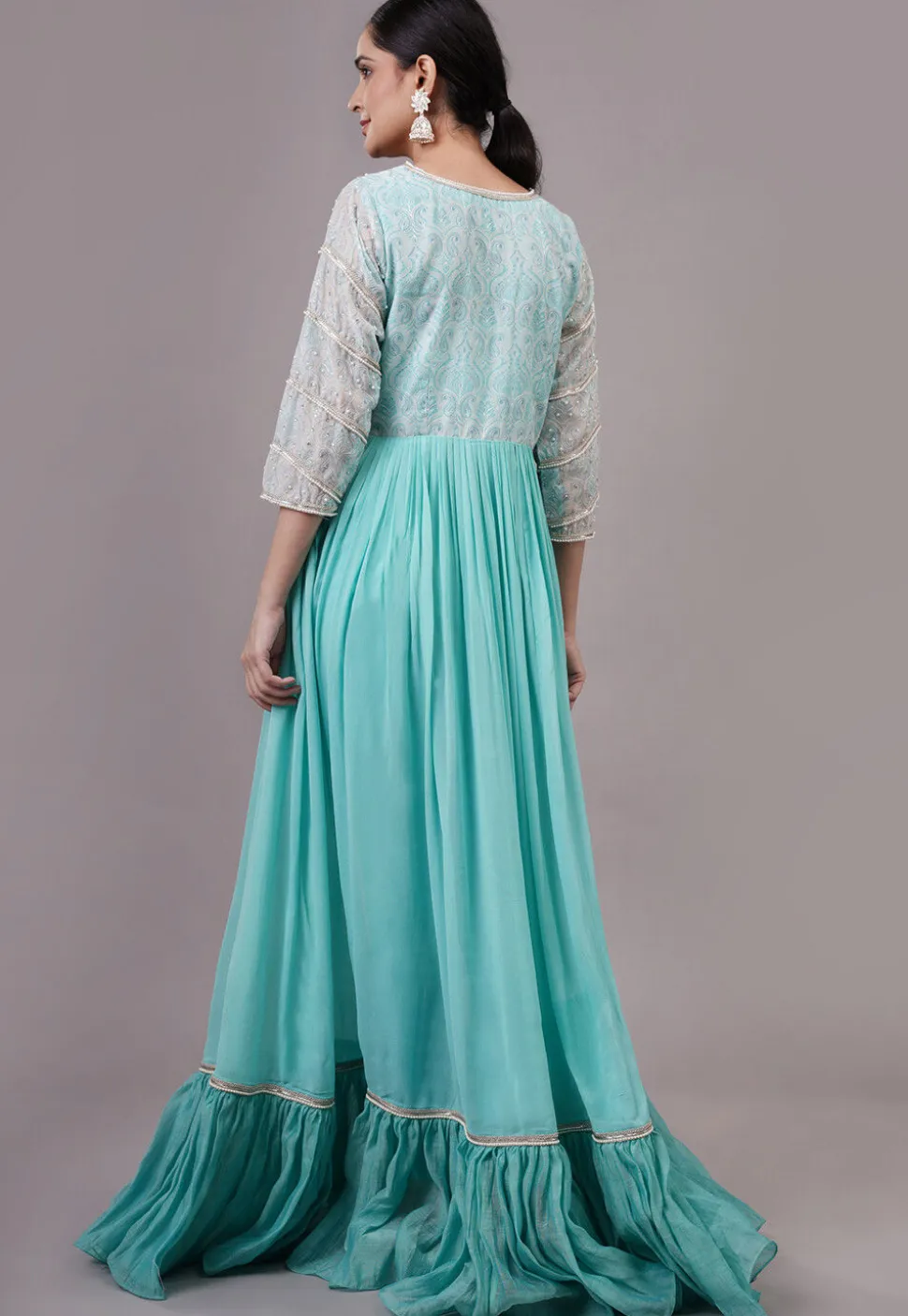 Embroidered Georgette Abaya Style Suit in Blue