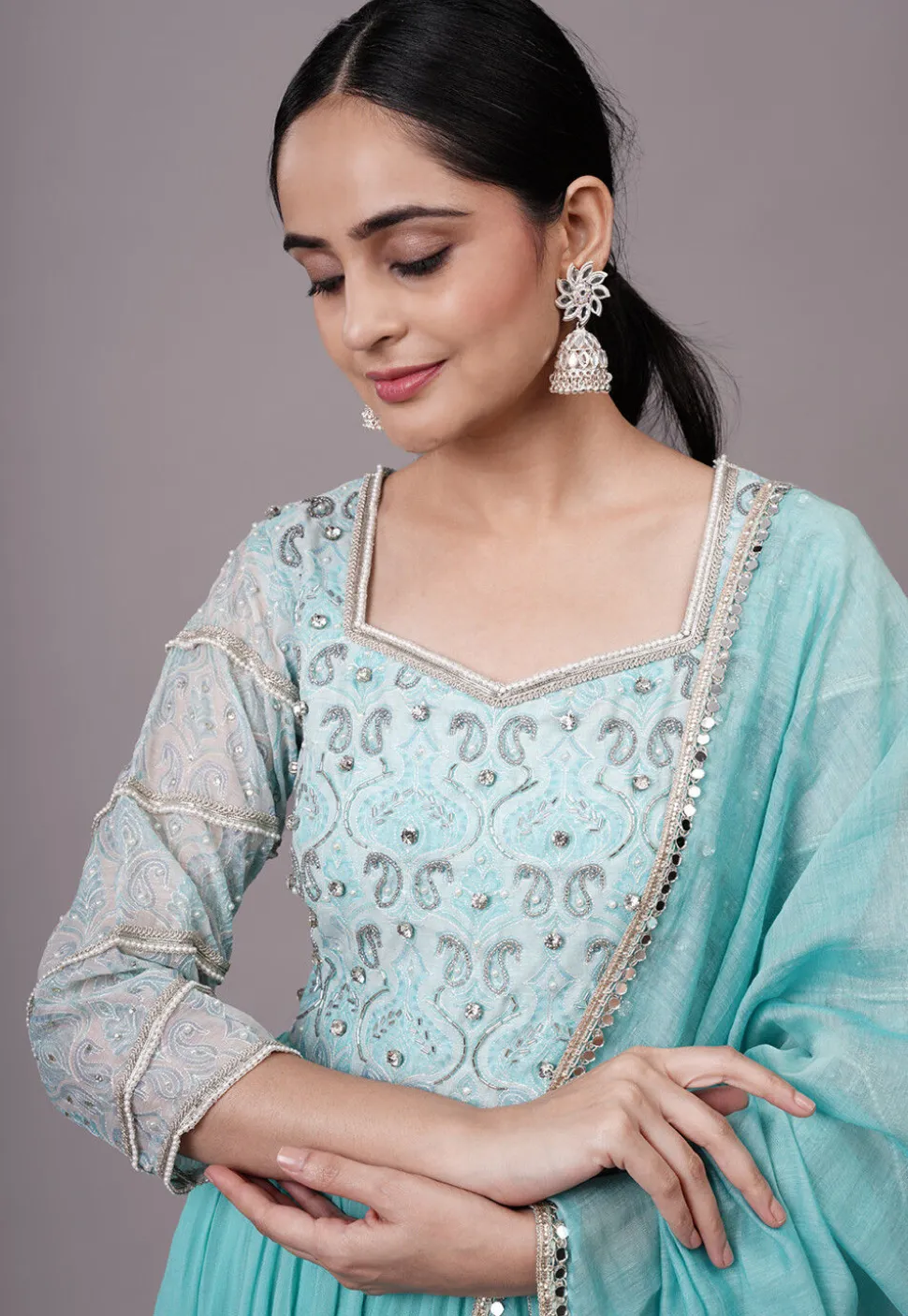 Embroidered Georgette Abaya Style Suit in Blue