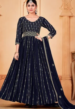 Embroidered Georgette Abaya Style Suit in Navy Blue