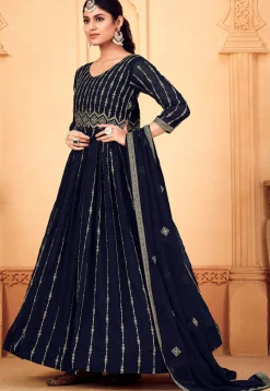 Embroidered Georgette Abaya Style Suit in Navy Blue