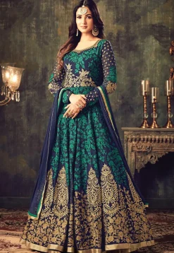 Embroidered Georgette Abaya Style Suit in Navy Blue
