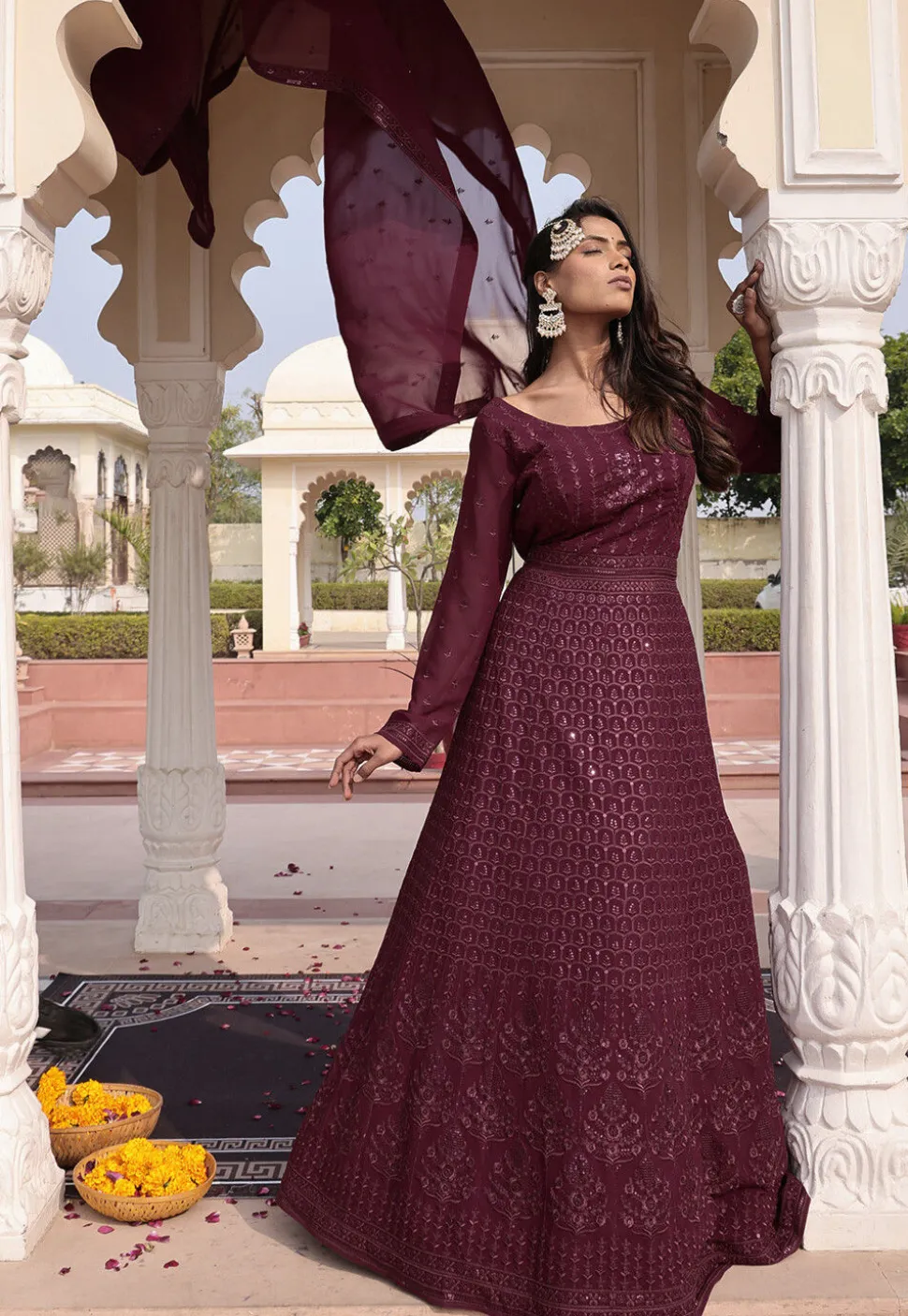 Embroidered Georgette Abaya Style Suit in Wine