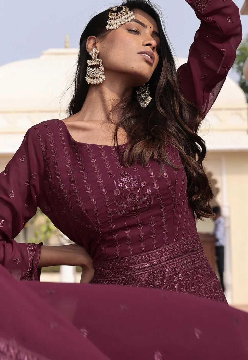 Embroidered Georgette Abaya Style Suit in Wine