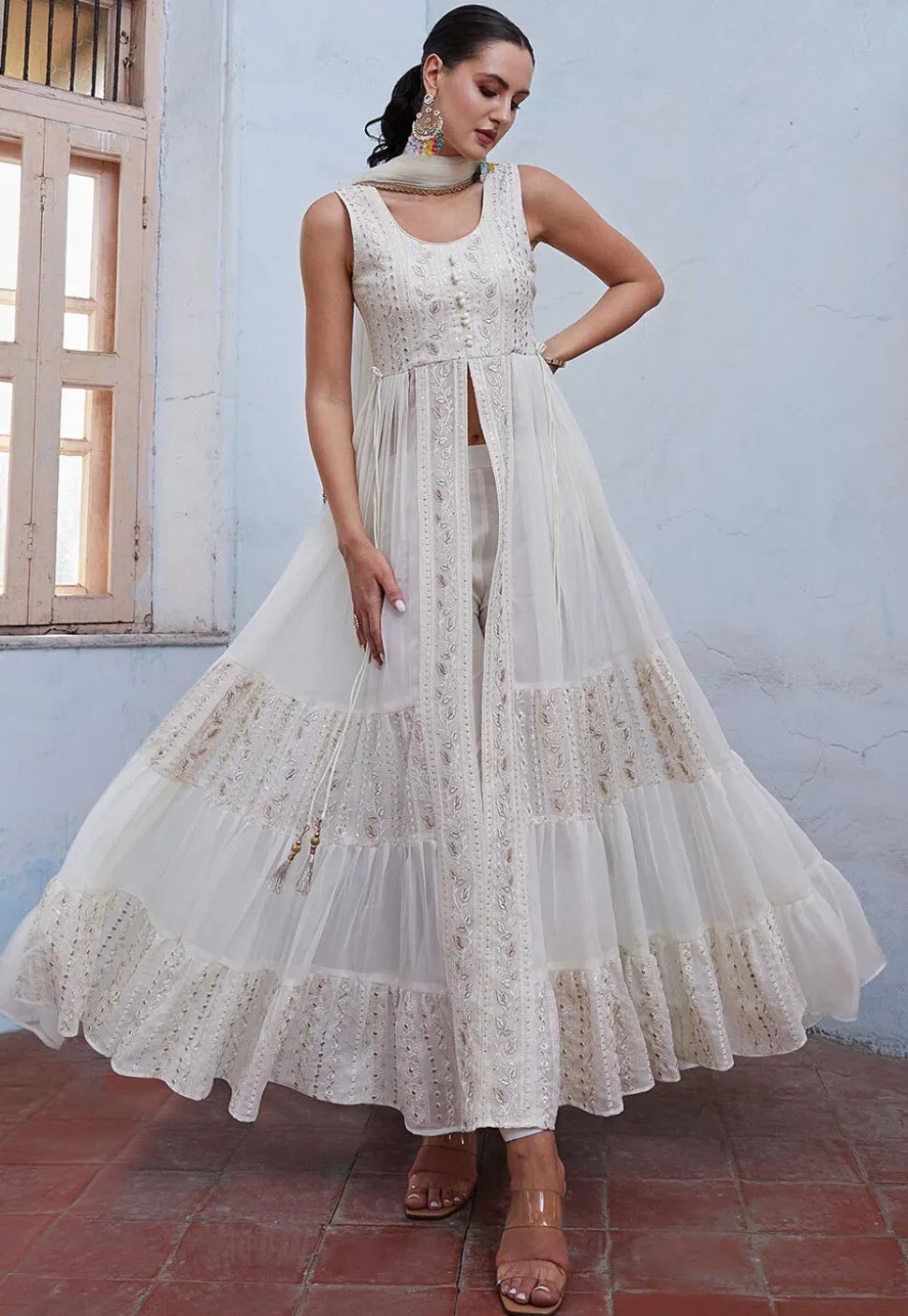 Embroidered Georgette Abaya Style Suit in Off White