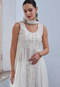 Embroidered Georgette Abaya Style Suit in Off White