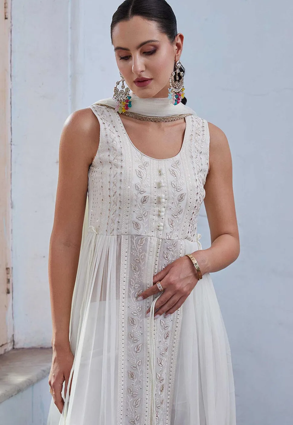 Embroidered Georgette Abaya Style Suit in Off White
