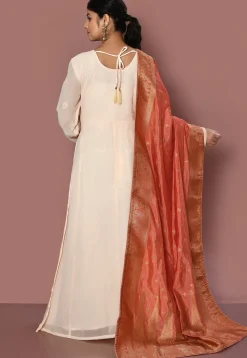 Embroidered Georgette Abaya Style Suit in Peach