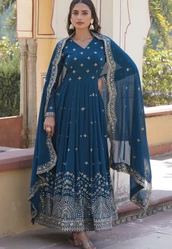 Embroidered Georgette Abaya Style Suit in Teal Blue