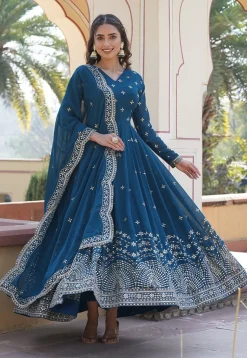 Embroidered Georgette Abaya Style Suit in Teal Blue
