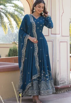Embroidered Georgette Abaya Style Suit in Teal Blue