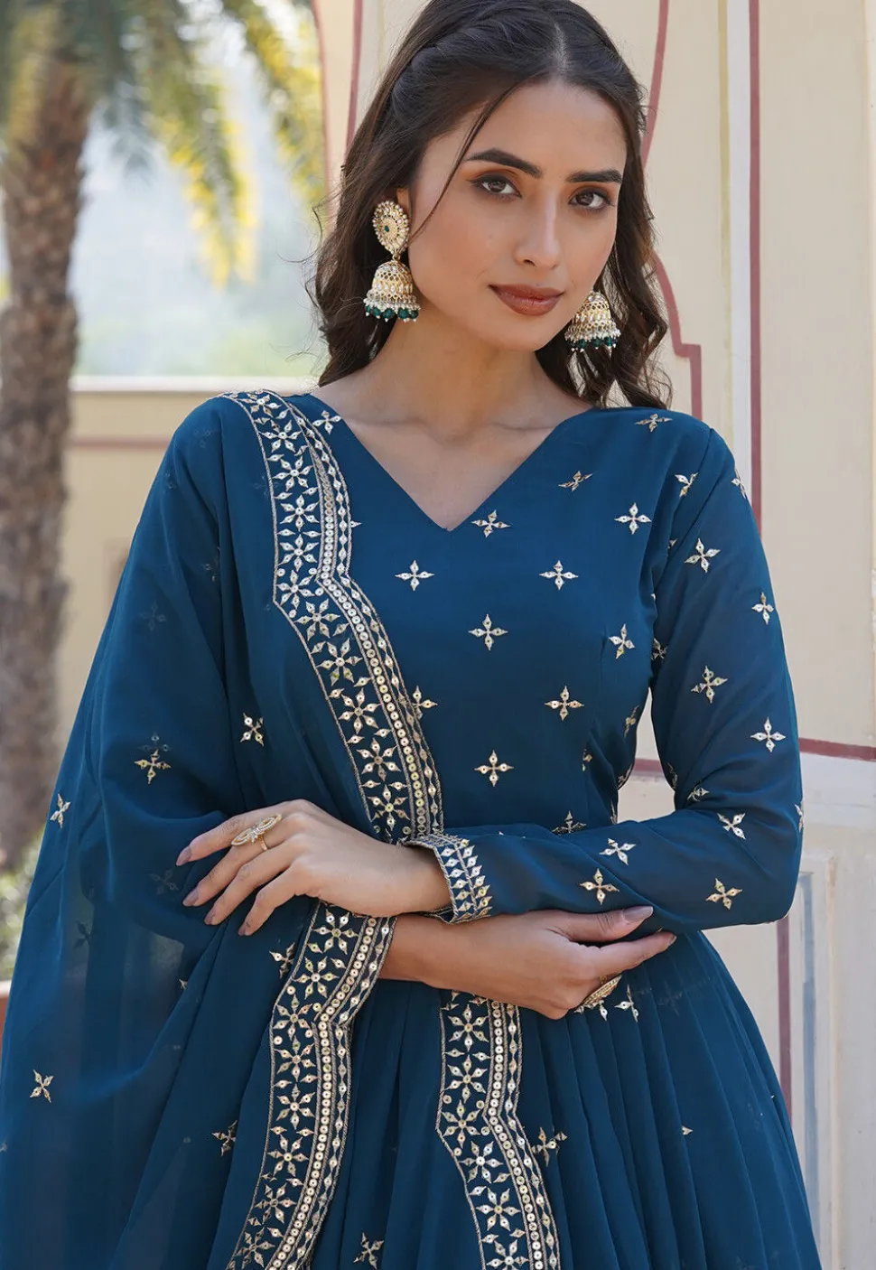 Embroidered Georgette Abaya Style Suit in Teal Blue