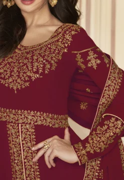 Embroidered Georgette Abaya Style Suit in Maroon