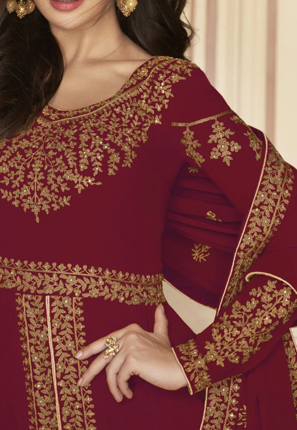 Embroidered Georgette Abaya Style Suit in Maroon